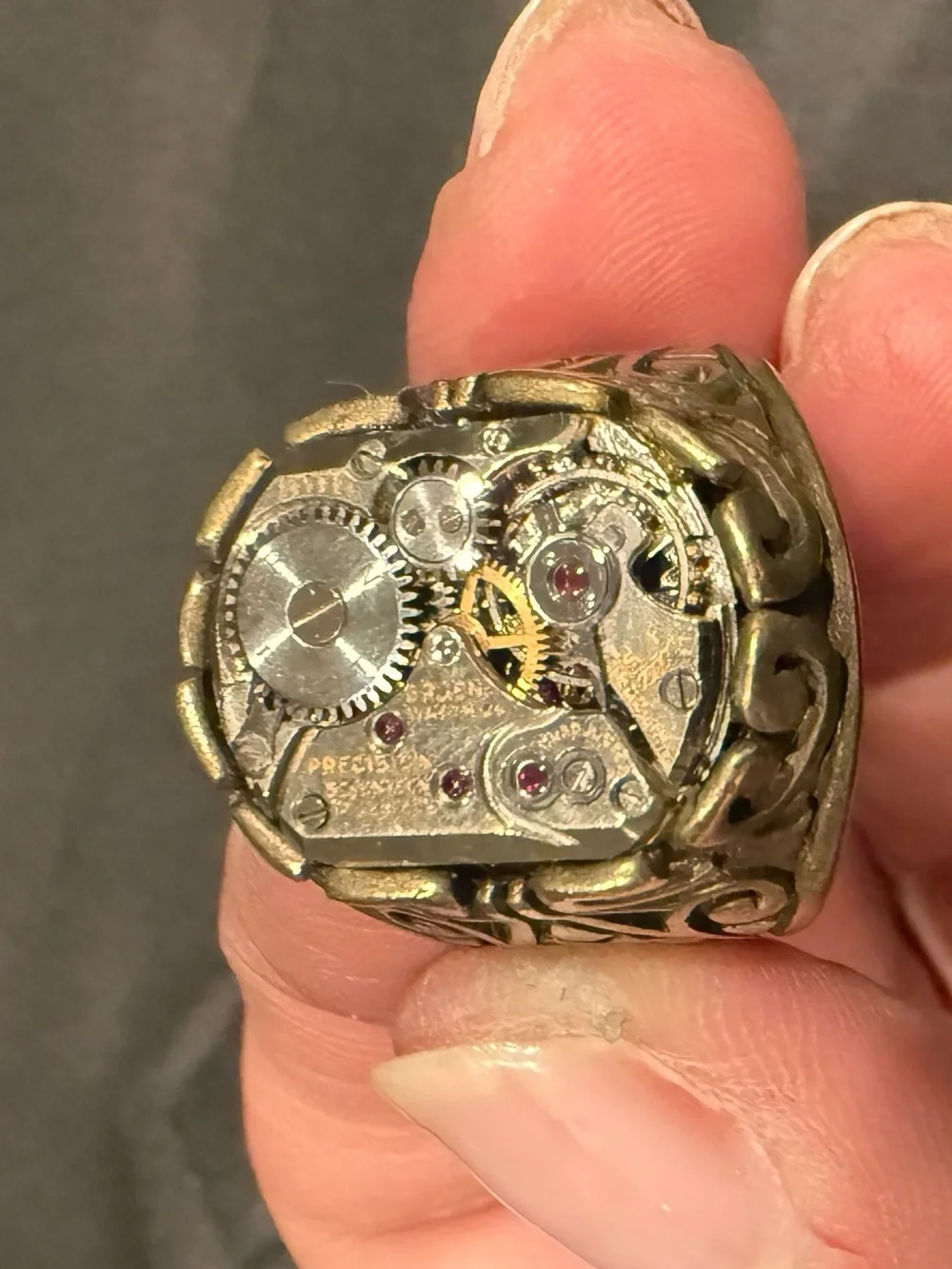 Artist Made Steampunk Watch Movement Ring Vintage Gruen 17 Jewel Filigree Brass